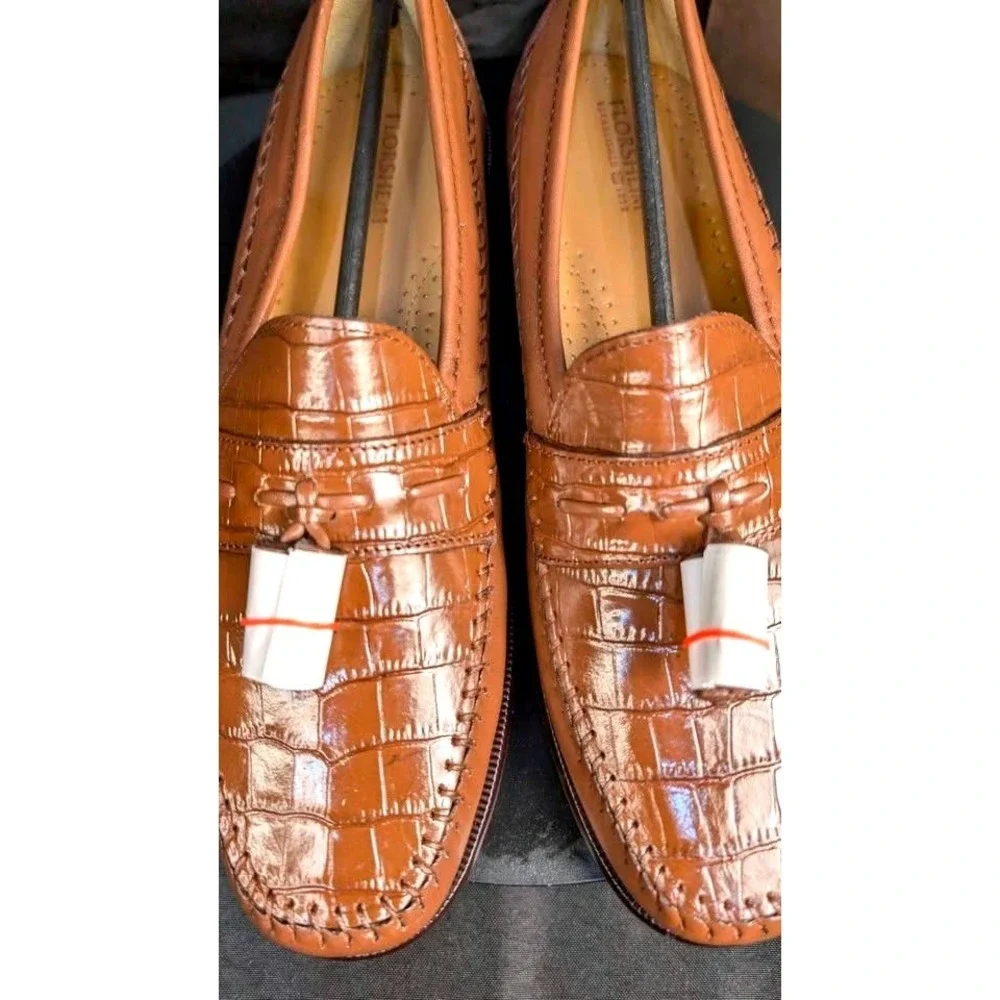 NIB~Florsheim Pisa 18469 Cognac Leather Croc Print Tassel Loafers~Men's Size 8 D